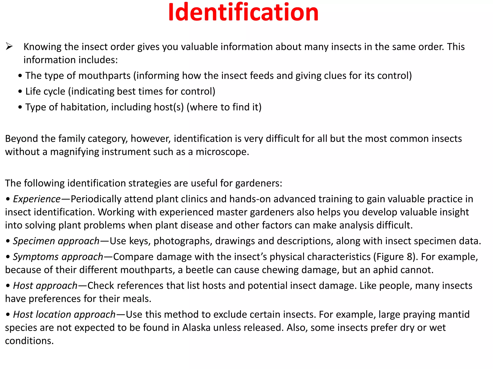 Identification
 Knowing the insect order gives you valuable information about many insects in the same order. This
information includes:
• The type of mouthparts (informing how the insect feeds and giving clues for its control)
• Life cycle (indicating best times for control)
• Type of habitation, including host(s) (where to find it)
Beyond the family category, however, identification is very difficult for all but the most common insects
without a magnifying instrument such as a microscope.
The following identification strategies are useful for gardeners:
• Experience—Periodically attend plant clinics and hands-on advanced training to gain valuable practice in
insect identification. Working with experienced master gardeners also helps you develop valuable insight
into solving plant problems when plant disease and other factors can make analysis difficult.
• Specimen approach—Use keys, photographs, drawings and descriptions, along with insect specimen data.
• Symptoms approach—Compare damage with the insect’s physical characteristics (Figure 8). For example,
because of their different mouthparts, a beetle can cause chewing damage, but an aphid cannot.
• Host approach—Check references that list hosts and potential insect damage. Like people, many insects
have preferences for their meals.
• Host location approach—Use this method to exclude certain insects. For example, large praying mantid
species are not expected to be found in Alaska unless released. Also, some insects prefer dry or wet
conditions.
 