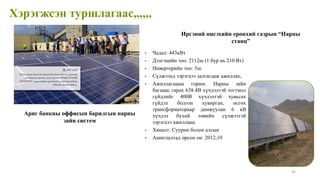 Хэрэгжсэн туршлагаас,,,,,,
Ариг банкны оффисын барилгын нарны
зайн систем
45
• Чадал: 443кВт
• Дэлгэцийн тоо: 2112ш (1 бүр нь 210 Вт)
• Инвертерийн тоо: 5ш
• Сүлжээнд зэрэгцээ залгагдаж ажиллах,
• Ажиллагааны горим: Нарны зайн
багцаас гарах 638.4B хүчдэлтэй тогтмол
гүйдлийг 400В хүчдэлтэй хувьсах
гүйдэл болгон хувирган, өсгөх
трансформатораар дамжуулан 6 кВ
хүчдэл бүхий төвийн сүлжээтэй
зэрэгцээ ажиллана
• Хяналт: Суурин болон алсын
• Ашиглалтад орсон он: 2012,10
Иргэний нисэхийн ерөнхий газрын “Нарны
станц”
 