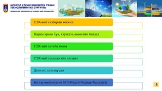 5
СЭХ-ний салбарын хөгжил
Нарны эрчим хүч, хэрэглээ, өнөөгийн байдал
СЭХ-ний хэтийн төлөв
СЭХ-ний технологийн хөгжил
Дүгнэлт, хэлэлцүүлэг
Би хэр өөрчлөгдсөн бэ? (Мэдлэг-Чадвар-Хандлага)
 
