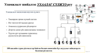 Уламжлалт шийдлээс УХААЛАГ СҮЛЖЭЭ руу
– Төвлөрсөн эрчим хүчний систем
– Нэг чиглэлтэй чадлын урсгал
– Ачаалалд суурилсан үйлдвэрлэл
– Дээрээс-доош үйл ажиллагааны төлөвлөлт
– Түүхэн урт хугацааны туршлагад
үндэслэсэн үйл ажиллагаа
100 жилийн турш үйлчилсээр байгаа боловч өнөөгийн бүх асуудлыг шйидвэрлэх
боломжгүй систем
Уламжлалт цахилгаан шугам сүлжээ
Slide 59
 