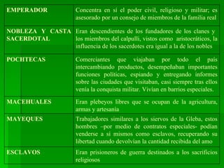 Eran prisioneros de guerra destinados a los sacrificios religiosos ESCLAVOS Trabajadores similares a los siervos de la Gleba, estos hombres –por medio de contratos especiales- podían venderse a sí mismos como esclavos, recuperando su libertad cuando devolvían la cantidad recibida del amo MAYEQUES Eran plebeyos libres que se ocupan de la agricultura, armas y artesanía MACEHUALES Comerciantes que viajaban por todo el país intercambiando productos, desempeñaban importantes funciones políticas, espiando y entregando informes sobre las ciudades que visitaban, casi siempre tras ellos venía la conquista militar. Vivían en barrios especiales. POCHTECAS Eran descendientes de los fundadores de los clanes y  los miembros del calpulli, vistos como  aristocráticos, la influencia de los sacerdotes era igual a la de los nobles NOBLEZA Y CASTA SACERDOTAL Concentra en sí el poder civil, religioso y militar; es asesorado por un consejo de miembros de la familia real EMPERADOR 