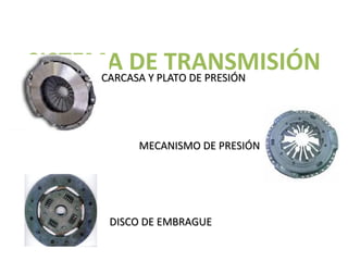 SISTEMA DEPLATO DE PRESIÓN
      CARCASA Y
                TRANSMISIÓN


           MECANISMO DE PRESIÓN




       DISCO DE EMBRAGUE
 