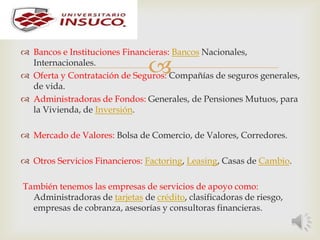
 Bancos e Instituciones Financieras: Bancos Nacionales,
Internacionales.
 Oferta y Contratación de Seguros: Compañías de seguros generales,
de vida.
 Administradoras de Fondos: Generales, de Pensiones Mutuos, para
la Vivienda, de Inversión.
 Mercado de Valores: Bolsa de Comercio, de Valores, Corredores.
 Otros Servicios Financieros: Factoring, Leasing, Casas de Cambio.
También tenemos las empresas de servicios de apoyo como:
Administradoras de tarjetas de crédito, clasificadoras de riesgo,
empresas de cobranza, asesorías y consultoras financieras.
 