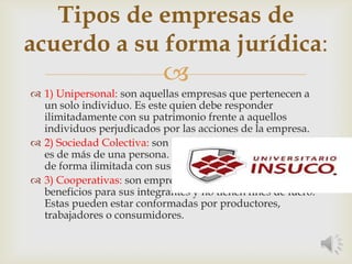 
Tipos de empresas de
acuerdo a su forma jurídica:
 1) Unipersonal: son aquellas empresas que pertenecen a
un solo individuo. Es este quien debe responder
ilimitadamente con su patrimonio frente a aquellos
individuos perjudicados por las acciones de la empresa.
 2) Sociedad Colectiva: son las empresas cuya propiedad
es de más de una persona. En estas, sus socios responden
de forma ilimitada con sus bienes.
 3) Cooperativas: son empresas que buscan obtener
beneficios para sus integrantes y no tienen fines de lucro.
Estas pueden estar conformadas por productores,
trabajadores o consumidores.
 