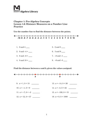  Algebra	
  Library	
  
	
  
	
  
	
  
Chapter 1: Pre-Algebra Concepts
Lesson 1.6: Distance Measures on a Number Line
Practice

Use the number line to find the distance between the points.




       1. 0 and 4 ____                          5. 2 and 5 ____

       2. 0 and –4 = ____                       6. 3 and 9 ____

       3. 0 and –8 = ____                       7. –8 and –1 ____

       4. 0 and 10 = ____                       8. –9 and –5 ____



Find the distance between a and b, given the values assigned.




       9. a = 1, b = 15    ________             13. a = –14, b = 26    ________

       10. a = –1, b = 9   ________             14. a = –3, b = 22    ________

       11. a = –7, b = –2 ________              15. a = –100, b = 15    ________

       12. a = 12, b = 37 ________              16. a = 0, b = 1000    ________




                                        1	
  
 