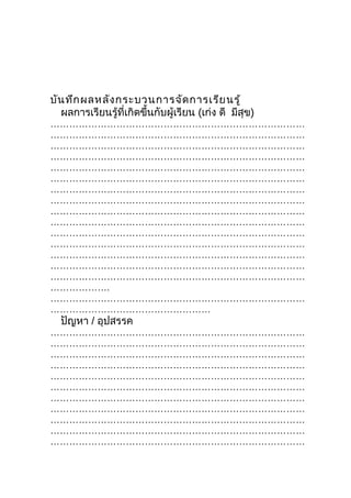 บัน ทึก ผลหลัง กระบวนการจัด การเรีย นรู้
  ผลการเรียนรู้ที่เกิดขึ้นกับผู้เรียน (เก่ง ดี มีสุข)
………………………………………………………………………
………………………………………………………………………
………………………………………………………………………
………………………………………………………………………
………………………………………………………………………
………………………………………………………………………
………………………………………………………………………
………………………………………………………………………
………………………………………………………………………
………………………………………………………………………
………………………………………………………………………
………………………………………………………………………
………………………………………………………………………
………………………………………………………………………
………………………………………………………………………
……………….
………………………………………………………………………
……………………………………………
  ปัญหา / อุปสรรค
………………………………………………………………………
………………………………………………………………………
………………………………………………………………………
………………………………………………………………………
………………………………………………………………………
………………………………………………………………………
………………………………………………………………………
………………………………………………………………………
………………………………………………………………………
………………………………………………………………………
………………………………………………………………………
 