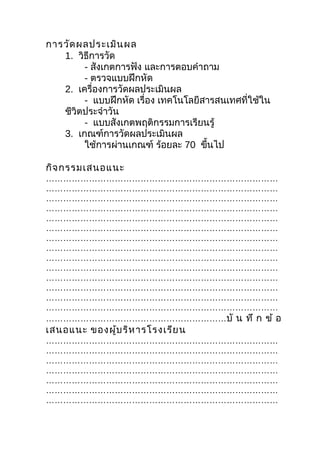 การวัด ผลประเมิน ผล
   1. วิธีการวัด
        - สังเกตการฟัง และการตอบคำาถาม
        - ตรวจแบบฝึกหัด
   2. เครื่องการวัดผลประเมินผล
        - แบบฝึกหัด เรื่อง เทคโนโลยีสารสนเทศที่ใช้ใน
   ชีวิตประจำาวัน
        - แบบสังเกตพฤติกรรมการเรียนรู้
   3. เกณฑ์การวัดผลประเมินผล
        ใช้การผ่านเกณฑ์ ร้อยละ 70 ขึนไป
                                     ้

กิจ กรรมเสนอแนะ
………………………………………………………………………
………………………………………………………………………
………………………………………………………………………
………………………………………………………………………
………………………………………………………………………
………………………………………………………………………
………………………………………………………………………
………………………………………………………………………
………………………………………………………………………
………………………………………………………………………
………………………………………………………………………
………………………………………………………………………
………………………………………………………………………
………………………………………………………………………
………………………………………………………บั น ทึ ก ข้ อ
เสนอแนะ ของผู้บ ริห ารโรงเรีย น
………………………………………………………………………
………………………………………………………………………
………………………………………………………………………
………………………………………………………………………
………………………………………………………………………
………………………………………………………………………
………………………………………………………………………
 