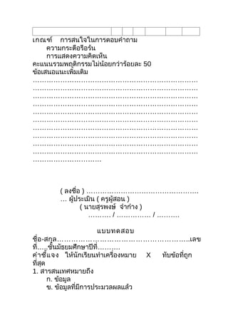 เกณฑ์ การสนใจในการตอบคำาถาม
     ความกระตือรือร้น
     การแสดงความคิดเห็น
คะแนนรวมพฤติกรรมไม่น้อยกว่าร้อยละ 50
ข้อเสนอแนะเพิ่มเติม
………………………………………………………………
………………………………………………………………
………………………………………………………………
………………………………………………………………
………………………………………………………………
………………………………………………………………
………………………………………………………………
………………………………………………………………
………………………………………………………………
………………………………………………………………
…………………………



        ( ลงชือ ) ………………………………………….
              ่
        … ผู้ประเมิน ( ครูผู้สอน )
                ( นายสุรพงษ์ จ๋าก๋าง )
                   ………. / …………… / ……….

                           แบบทดสอบ
ชื่ อ -สกุ ล ………………………………………………..เลข
ที่…..ชันมัธยมศึกษาปีที่……….
           ้
คำา ชี้แ จง ให้นักเรียนทำาเครื่องหมาย X ทับข้อที่ถูก
ที่สุด
1. สารสนเทศหมายถึง
        ก. ข้อมูล
        ข. ข้อมูลที่มีการประมวลผลแล้ว
 