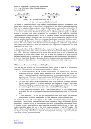 Journal of Information Engineering and Applications                                             www.iiste.org
ISSN 2224-5758 (print) ISSN 2224-896X (online)
Vol 1, No.2, 2011


  a=
        n(∑ xy ) − (∑ x )(∑ y )
                                                       b=
                                                            (∑ y )(∑ x ) − (∑ x )(∑ xy )
                                                                       2
                                                                                                       (4)
           (      )
          n ∑ x 2 − (∑ x )
                           2
                                                                n(∑ x ) − (∑ x )
                                                                          2      2



                  Where           a = the slope of the line of best fit
                               b = the y-axis intercept of the line of best fit
The method for compressing feature value history in the y-component depends of the data scale of the
feature values and goal values for the AM cell. For interval scale data points, of which the equation in
(3) is used to calculate r, the y-component utilizes the least-squares regression line, or line of best fit
(4), to reduce the data point history from a very large number (e.g. 50 000) to only two points. The line
of best fit best represents the distribution of data points on a feature-goal value graph, whereby the
distance of individual data points incidentally also corresponds to the correlation coefficient.
Compression of the feature value history is done by taking the left-most and right-most extreme data
points on the goal value (i.e. horizontal) axis, and recording the two points on the line of best fit that
have the same horizontal value. These two points can then be used to substitute the feature history
when coupled with the current correlation coefficient (r) as they represent the extreme range of
observed data points, and are within the approximate horizontal position combination for past feature
value history. Figure 3(b) and (c) shows how the feature value component is compressed to feed the y-
component of the affect value.
In the example where the line of best fit is the y-component, Figure 3(d) provides a method for
recreating an approximate of the feature value history from the r-component and y-component of the
affect value. Since the compression of the feature value history leads to the y-component only
approximating the feature value history, there will be some inaccuracies in the new correlation
coefficient, which is done by projecting the new feature data point with the compressed data points in y
as shown in Figure 3(d). This lossy derivation of r from the y-component necessitates the labeling of
future calculations of correlation as r’, as some degradation of data occurs due to compression.


3.3 Components Necessary for the Decision-Making Process
Using the AM data structure, the Affective Decision Making Engine is made up of the following
components. The connections between components are shown in Figure 4:
    •      An element affect matrix (EAM) for each unique element (i.e. object or event): Stores the
           correlation coefficient for each feature belonging to the element, against the agent’s goal
           values. The sum of significant correlations determines the element’s affect value (AV) over a
           particular goal. This sum is the element affect value (EAV) for each goal. Note: the definition
           of ‘significance’ is a parameter that needs to be preset by the agent designer.
    •      An action affect matrix (AAM) for each unique agent action: Stores the correlation coefficient
           for each feature produced by the action, against the rate of change in the agent’s goal values.
           The sum of significant correlations determines the action’s affect value (AV) over the change
           in a particular goal. This sum is the action affect value for (AAV) for each goal
    •      A single goal significance matrix (GSM): Cross tabulates the EAV of every element against
           every goal. The sum of significant EAVs produces an goal significance value (GSV) for each
           goal.
    •      A single homeostat: The core AM used for making decisions in the engine. The homeostat
           cross-tabulates significant goals found in the GSM against the agent’s available actions.
The number of EAMs and AAMs expand as the number of elements increase in the problem
environment. For this reason, agents based on the engine are memory hungry in unbounded operation
environments. Resource use can be controlled by a fixed sized roving window that limits the number
of elements currently perceived by the agent, much like an eyeball’s limited degree of vision. The
window essentially reduces the size of the GSM, making calculation of the GSV quicker. The
Affective Decision Making Engine framework, as it applies to environments with multiple elements
(i.e. objects or events), is illustrated in Figure 4. In environments with only a singular elements, the
GSM can be excluded from the framework.




5|Page
www.iiste.org
 