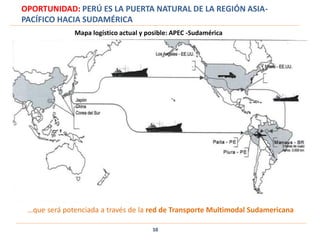 Mapa logístico actual y posible: APEC -Sudamérica
10
OPORTUNIDAD: PERÚ ES LA PUERTA NATURAL DE LA REGIÓN ASIA-
PACÍFICO HACIA SUDAMÉRICA
…que será potenciada a través de la red de Transporte Multimodal Sudamericana
 