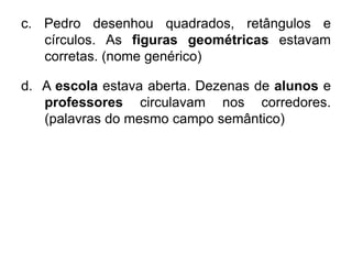 c. Pedro desenhou quadrados, retângulos e
círculos. As figuras geométricas estavam
corretas. (nome genérico)
d. A escola estava aberta. Dezenas de alunos e
professores circulavam nos corredores.
(palavras do mesmo campo semântico)
 