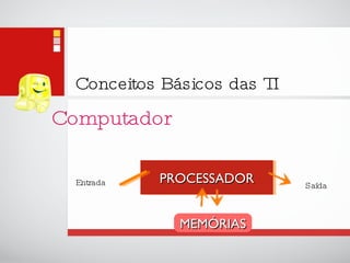 Conceitos Básicos das TI Computador PROCESSADOR MEMÓRIAS Entrada Saída 