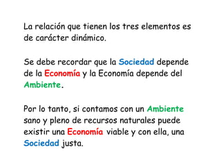 La relación que tienen los tres elementos es
de carácter dinámico.

Se debe recordar que la Sociedad depende
de la Economía y la Economía depende del
Ambiente.

Por lo tanto, si contamos con un Ambiente
sano y pleno de recursos naturales puede
existir una Economía viable y con ella, una
Sociedad justa.
 