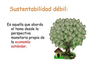 Sustentabilidad débil:

Es aquella que aborda
  el tema desde la
  perspectiva
  monetaria propia de
  la economía
  estándar.
 