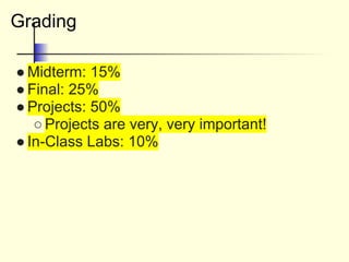 Grading
● Midterm: 15%
● Final: 25%
● Projects: 50%
○ Projects are very, very important!
● In-Class Labs: 10%
 