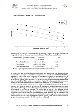 XI SEMINÁRIO MODERNIZAÇÃO TECNOLÓGIA PERIFÉRICA
RECIFE, 4 a 6 de NOVEMBRO de 2009
Fundação Joaquim Nabuco, Apipucos, Sala Gilberto Osório, Rua Dois Irmãos, 92
Figura 3 - Brasil: Temperatura versus Latitude
Observações: 1) Os pontos correspondem às seguintes cidades, por ordem crescente de
magnitude da latitude: Chaves, Natal, Maceió, Salvador, Vitória, Paranaguá e Torres.
2) Os dados dos ajustes lineares são: Inclinação R2
(o
C/ o
de latitude)
Temp. Média Máxima - 0,31 +/- 0,07 (95%) 0,85
Temp. Média: - 0,26 +/- 0,07 (95%) 0,84
Temp. Média Mínima - 0,25 +/- 0,01 (95%) 0,76
(Ajustes e gráfico gerados com o aplicativo livre QtiPlot da suite Ubuntu).
O Brasil, com sua dimensão territorial continental, tem um território que atipicamente se
distribui não só na região equatorial, tomada aqui como se estendendo até 15 o
S (CAMARGO;
CAMARGO, 2005), onde tem a maior parte de sua extensão geográfica. Tem na área tropical
não equatorial, sua segunda parcela e tem sua menor fração territorial abaixo da região
tropical, onde, mesmo assim esta menor fração de área tem grandeza superior à da área média
dos países da ONU. Cabe verificar o potencial ora disponível na área equatorial brasileira para
a geração de conhecimento necessário a adequação aos efeitos do aquecimento global.
A maior necessidade relativa de pesquisa na região equatorial brasileira decorrente da menor
margem para “importar” soluções tecnológicas de adaptação à elevação da temperatura e ao
novo clima, de forma geral é intensificada pela maior área do país nesta região, que representa
praticamente ¾ do território nacional. As populações do Norte e do Nordeste juntos
representam cerca de dois terços da população do Sudeste adicionada à do Sul. Mas, as
primeiras apesar de necessitarem de relativamente mais pesquisa para a adaptação aos
efeitos do aquecimento, contam, em termos relativos às suas populações humanas, com cerca
de apenas um terço da capacidade de pesquisa das últimas, como indicado pelo número de
grupos de pesquisa anunciado pelo CNPq, conforme a Tabela 2.
DIAS, AB; MEDEIROS, CB. Prioridade à Adaptação face ao Aquecimento Global e as Regiões Brasileiras 16
 