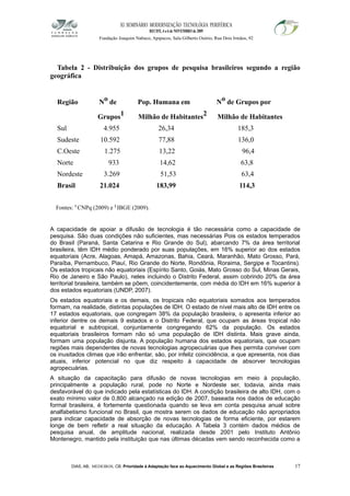 XI SEMINÁRIO MODERNIZAÇÃO TECNOLÓGIA PERIFÉRICA
RECIFE, 4 a 6 de NOVEMBRO de 2009
Fundação Joaquim Nabuco, Apipucos, Sala Gilberto Osório, Rua Dois Irmãos, 92
Tabela 2 - Distribuição dos grupos de pesquisa brasileiros segundo a região
geográfica
Região No de Pop. Humana em No de Grupos por
Grupos1 Milhão de Habitantes2 Milhão de Habitantes
Sul 4.955 26,34 185,3
Sudeste 10.592 77,88 136,0
C.Oeste 1.275 13,22 96,4
Norte 933 14,62 63,8
Nordeste 3.269 51,53 63,4
Brasil 21.024 183,99 114,3
Fontes: 1
CNPq (2009) e 2
IBGE (2009).
A capacidade de apoiar a difusão de tecnologia é tão necessária como a capacidade de
pesquisa. São duas condições não suficientes, mas necessárias Pois os estados temperados
do Brasil (Paraná, Santa Catarina e Rio Grande do Sul), abarcando 7% da área territorial
brasileira, têm IDH médio ponderado por suas populações, em 16% superior ao dos estados
equatoriais (Acre, Alagoas, Amapá, Amazonas, Bahia, Ceará, Maranhão, Mato Grosso, Pará,
Paraíba, Pernambuco, Piauí, Rio Grande do Norte, Rondônia, Roraima, Sergipe e Tocantins).
Os estados tropicais não equatoriais (Espírito Santo, Goiás, Mato Grosso do Sul, Minas Gerais,
Rio de Janeiro e São Paulo), neles incluindo o Distrito Federal, assim cobrindo 20% da área
territorial brasileira, também se põem, coincidentemente, com média do IDH em 16% superior à
dos estados equatoriais (UNDP, 2007).
Os estados equatoriais e os demais, os tropicais não equatoriais somados aos temperados
formam, na realidade, distintas populações de IDH. O estado de nível mais alto de IDH entre os
17 estados equatoriais, que congregam 38% da população brasileira, o apresenta inferior ao
inferior dentre os demais 9 estados e o Distrito Federal, que ocupam as áreas tropical não
equatorial e subtropical, conjuntamente congregando 62% da população. Os estados
equatoriais brasileiros formam não só uma população de IDH distinta. Mais grave ainda,
formam uma população disjunta. A população humana dos estados equatoriais, que ocupam
regiões mais dependentes de novas tecnologias agropecuárias que lhes permita conviver com
os inusitados climas que irão enfrentar, são, por infeliz coincidência, a que apresenta, nos dias
atuais, inferior potencial no que diz respeito à capacidade de absorver tecnologias
agropecuárias.
A situação da capacitação para difusão de novas tecnologias em meio à população,
principalmente a população rural, pode no Norte e Nordeste ser, todavia, ainda mais
desfavorável do que indicado pela estatísticas do IDH. A condição brasileira de alto IDH, com o
exato mínimo valor de 0,800 alcançado na edição de 2007, baseada nos dados de educação
formal brasileira, é fortemente questionada quando se leva em conta pesquisa anual sobre
analfabetismo funcional no Brasil, que mostra serem os dados de educação não apropriados
para indicar capacidade de absorção de novas tecnologias de forma eficiente, por estarem
longe de bem refletir a real situação da educação. A Tabela 3 contém dados médios de
pesquisa anual, de amplitude nacional, realizada desde 2001 pelo Instituto Antônio
Montenegro, mantido pela instituição que nas últimas décadas vem sendo reconhecida como a
DIAS, AB; MEDEIROS, CB. Prioridade à Adaptação face ao Aquecimento Global e as Regiões Brasileiras 17
 