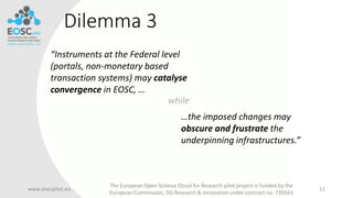 Dilemma 3
www.eoscpilot.eu
The European Open Science Cloud for Research pilot project is funded by the
European Commission, DG Research & Innovation under contract no. 739563
11
while
“Instruments at the Federal level
(portals, non-monetary based
transaction systems) may catalyse
convergence in EOSC, …
…the imposed changes may
obscure and frustrate the
underpinning infrastructures.”
 