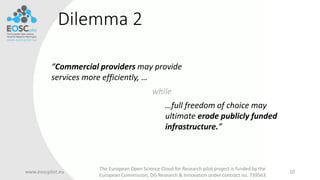 Dilemma 2
www.eoscpilot.eu
The European Open Science Cloud for Research pilot project is funded by the
European Commission, DG Research & Innovation under contract no. 739563
10
while
“Commercial providers may provide
services more efficiently, …
…full freedom of choice may
ultimate erode publicly funded
infrastructure.”
 