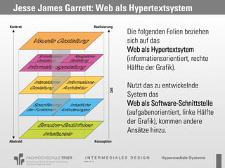 Jesse James Garrett: Web als Hypertextsystem

                           Die folgenden Folien beziehen
                           sich auf das
                           Web als Hypertextsytem
                           (informationsorientiert, rechte
                           Hälfte der Grafik).

                           Nutzt das zu entwickelnde
                           System das
                           Web als Software-Schnittstelle
                           (aufgabenorientiert, linke Hälfte
                           der Grafik), kommen andere
                           Ansätze hinzu.
 