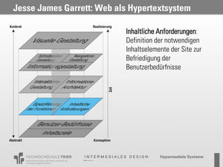 Jesse James Garrett: Web als Hypertextsystem

                           Inhaltliche Anforderungen:
                           Definition der notwendigen
                           Inhaltselemente der Site zur
                           Befriedigung der
                           Benutzerbedürfnisse
 