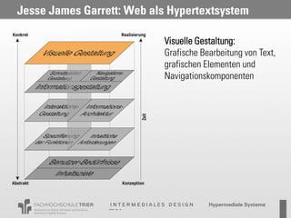 Jesse James Garrett: Web als Hypertextsystem

                           Visuelle Gestaltung:
                           Grafische Bearbeitung von Text,
                           grafischen Elementen und
                           Navigationskomponenten
 