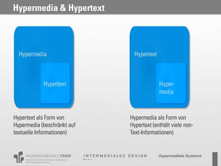Hypermedia & Hypertext




Hypertext als Form von       Hypermedia als Form von
Hypermedia (beschränkt auf   Hypertext (enthält viele non-
textuelle Informationen)     Text-Informationen)
 