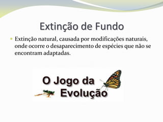 Extinção de Fundo
 Extinção natural, causada por modificações naturais,
onde ocorre o desaparecimento de espécies que não se
encontram adaptadas.
 
