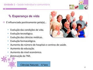 Condições de higiene e bem-estar…Unidade 1 – Saúde individual e comunitária10Indicadores do estado de Saúde de uma Populaçãosão valores numéricos (taxas ou percentagens), calculados em relação a uma determinada população, e que permitem fazer uma avaliação estatística sobre o estado de saúde da população em estudo.Ciências Naturais  - 9.ºano