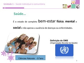 Unidade 1 – Saúde individual e comunitária3Saúde…É o estado de completo bem-estarfísico, mental e social e não apenas a ausência de doenças ou enfermidades.Definição da OMS (Organização Mundial de Saúde)Ciências Naturais  - 9.ºano