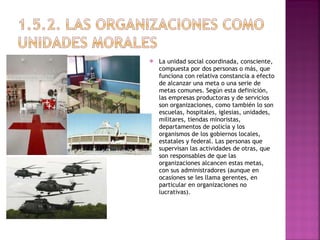 La unidad social coordinada, consciente, compuesta por dos personas o más, que funciona con relativa constancia a efecto de alcanzar una meta o una serie de metas comunes. Según esta definición, las empresas productoras y de servicios son organizaciones, como también lo son escuelas, hospitales, iglesias, unidades, militares, tiendas minoristas, departamentos de policía y los organismos de los gobiernos locales, estatales y federal. Las personas que supervisan las actividades de otras, que son responsables de que las organizaciones alcancen estas metas, con sus administradores (aunque en ocasiones se les llama gerentes, en particular en organizaciones no lucrativas). 