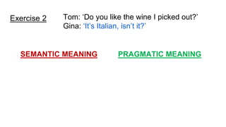 Exercise 2 Tom: ‘Do you like the wine I picked out?’
Gina: ‘It’s Italian, isn’t it?’
SEMANTIC MEANING PRAGMATIC MEANING
 
