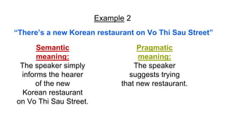 Example 2
“There’s a new Korean restaurant on Vo Thi Sau Street”
Semantic
meaning:
The speaker simply
informs the hearer
of the new
Korean restaurant
on Vo Thi Sau Street.
Pragmatic
meaning:
The speaker
suggests trying
that new restaurant.
 