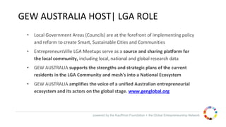 powered by the Kauffman Foundation + the Global Entrepreneurship Network
GEW AUSTRALIA HOST| LGA ROLE
• Local Government Areas (Councils) are at the forefront of implementing policy
and reform to create Smart, Sustainable Cities and Communities
• EntrepreneursVille LGA Meetups serve as a source and sharing platform for
the local community, including local, national and global research data
• GEW AUSTRALIA supports the strengths and strategic plans of the current
residents in the LGA Community and mesh's into a National Ecosystem
• GEW AUSTRALIA amplifies the voice of a unified Australian entrepreneurial
ecosystem and its actors on the global stage. www.genglobal.org
 
