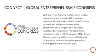 powered by the Kauffman Foundation + the Global Entrepreneurship Network
With live events featuring the latest, best-in-class
programming and research, GEC is a unique
opportunity for the leaders of GEN in each country
to attend as a delegation to meet fellow
practitioners and stay apprised of new ideas,
insights and developments. The GEC, free for
registered members of GEN, serves as GEN’s Annual
Meeting, gathering all GEN country affiliates and
GEN verticals, communities and programs for a
week bigger than the sum of its parts.
CONNECT | GLOBAL ENTREPRENEURSHIP CONGRESS
 