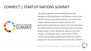 powered by the Kauffman Foundation + the Global Entrepreneurship Network
The Startup Nations Summit (SNS) gathers the
members of Startup Nations and features some of the
world’s startup savvy policy advisors and community
leaders collaborating on smarter policies and
government leadership to support new firm formation.
The Startup Nations Summit has been held in Toronto,
Kuala Lumpur, Seoul, Monterrey, Mexico, and Cork,
Ireland. In November 2017, it was held in Tallinn,
Estonia and included a gathering of Ministers staff to
prepare for the annual Ministerial at the GEC in March.
CONNECT | STARTUP NATIONS SUMMIT
 