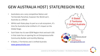 powered by the Kauffman Foundation + the Global Entrepreneurship Network
GEW AUSTRALIA HOST| STATE/REGION ROLE
• Australians are a very competitive Nation and
Territorially Parochial, however the World see’s
Australia as a Whole
• Whilst each State plays its part as a sub ecosystem, it’s
time for Australia to be Unified in it’s Impact on the
Global Stage.
• Each State has its own GEW Region Host and each LGA
in that state has an opening for an Entrepreneursville
Community Builder and monthly Meetup.
• 6 States, 2 Territories and 1 Unified Australia
www.gewaustralia.com
 