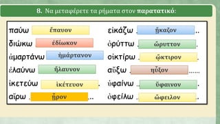 8. Να μεταφέρετε τα ρήματα στον παρατατικό:
ἔπαυον
ἐδίωκον
ἡμάρτανον
ἤλαυνον
ἱκέτευον
ᾖρον
ᾔκαζον
ὤρυττον
ᾤκτιρον
ηὖξον
ὕφαινον
ὤφειλον
 