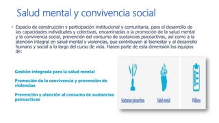 Salud mental y convivencia social
• Espacio de construcción y participación institucional y comunitaria, para el desarrollo de
las capacidades individuales y colectivas, encaminadas a la promoción de la salud mental
y la convivencia social, prevención del consumo de sustancias psicoactivas, así como a la
atención integral en salud mental y violencias, que contribuyen al bienestar y al desarrollo
humano y social a lo largo del curso de vida. Hacen parte de esta dimensión los equipos
de:
Gestión integrada para la salud mental​
Promoción de la convivencia y prevención de
violencias
Prevención y atención al consumo de sustancias
psicoactivas​
 