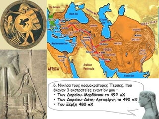 6. Νίκησα τους κοσμοκράτορες Πέρσες, που έκαναν 3 εκστρατείες εναντίον μου : •  Των Δαρείου-Μαρδόνιου το 492 πΧ •  Των Δαρείου-Δάτη-Αρταφέρνη το 490 πΧ  •  Του Ξέρξη 480 πΧ 
