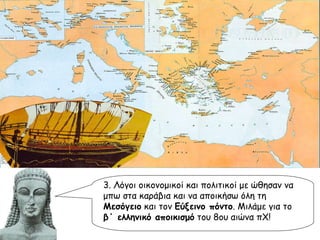 3. Λόγοι οικονομικοί και πολιτικοί με ώθησαν να μπω στα καράβια και να αποικήσω όλη τη  Μεσόγειο  και τον  Εύξεινο πόντο . Μιλάμε για το  β΄ ελληνικό αποικισμό  του 8ου αιώνα πΧ! 