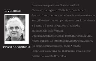 Ristoratore e piazzista di assicurazioni.

 Il Vincente         Chiamato da ragazzo “ Tribula “, da tribulare.

                     Quando il suo mentore salta in aria assieme alla sua

                     auto, il Nostro, muove i primi passi: crack, condanna

                     a 1 anno e 6 mesi per giuoco d’ azzardo,

                     latitanza alle isole Vergini.

                     L’ amicizia con Benetton lo porta in Formula Uno.

                     Nel 93 subisce un attentato dinamitardo a Londra.

Flavio da Verzuolo Ha alcune conoscenze nel ramo “ mafia”.
                     Proprietario e anima del Billionaire, locale super

                     pettine della costa Smeralda.
 