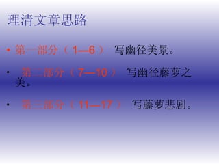 理清文章思路   第一部分（ 1—6 ）  写幽径美景。   第二部分（ 7—10 ）  写幽径藤萝之美。   第三部分（ 11—17 ）  写藤萝悲剧。  