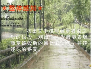 ＊ 整体感知 ＊ 找出文中描写藤萝被毁之后的语段，划出你认为最能表现藤萝被毁后的惨状的语句，并谈谈你的感受。   