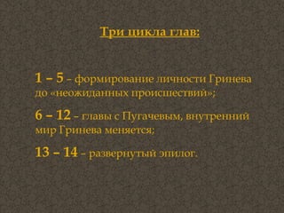 Три цикла глав: 1 – 5  – формирование личности Гринева до «неожиданных происшествий»; 6 – 12  – главы с Пугачевым, внутренний мир Гринева меняется; 13 – 14  – развернутый эпилог. 