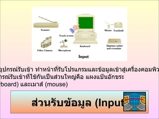 ส่วนรับข้อมูล  ( Input ) เป็นอุปกรณ์รับเข้า ทำหน้าที่รับโปรแกรมและข้อมูลเข้าสู่เครื่องคอมพิวเตอร์ อุปกรณ์รับเข้าที่ใช้กันเป็นส่วนใหญ่คือ แผงแป้นอักขระ  ( keyboard )  และเมาส์  ( mouse )  