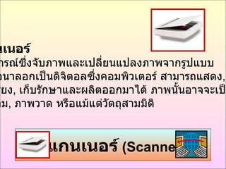 สแกนเนอร์   ( Scanner )   สแกนเนอร์   คืออุปกรณ์ซึ่งจับภาพและเปลี่ยนแปลงภาพจากรูปแบบ ของแอนาลอกเป็นดิจิตอลซึ่งคอมพิวเตอร์ สามารถแสดง ,  เรียบเรียง ,  เก็บรักษาและผลิตออกมาได้ ภาพนั้นอาจจะเป็นรูปถ่าย ,  ข้อความ ,  ภาพวาด หรือแม้แต่วัตถุสามมิติ  