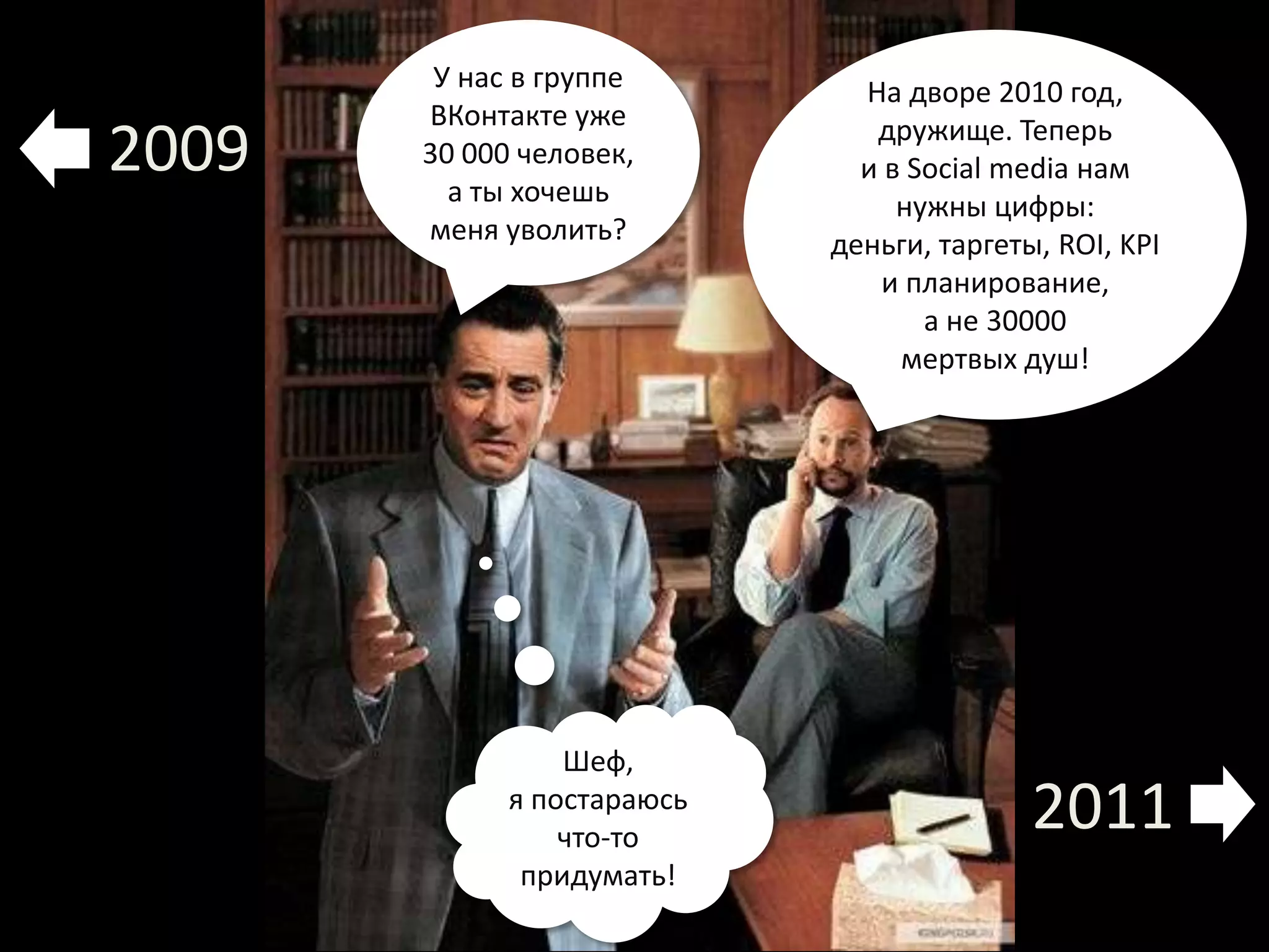 У нас в группе ВКонтакте уже 30 000 человек, а ты хочешь меня уволить? На дворе 2010 год, дружище. Теперь и в Social media нам нужны цифры: деньги, таргеты, ROI,KPI и планирование, а не 30000 мертвых душ!2009Шеф, я постараюсь что-то придумать!2011