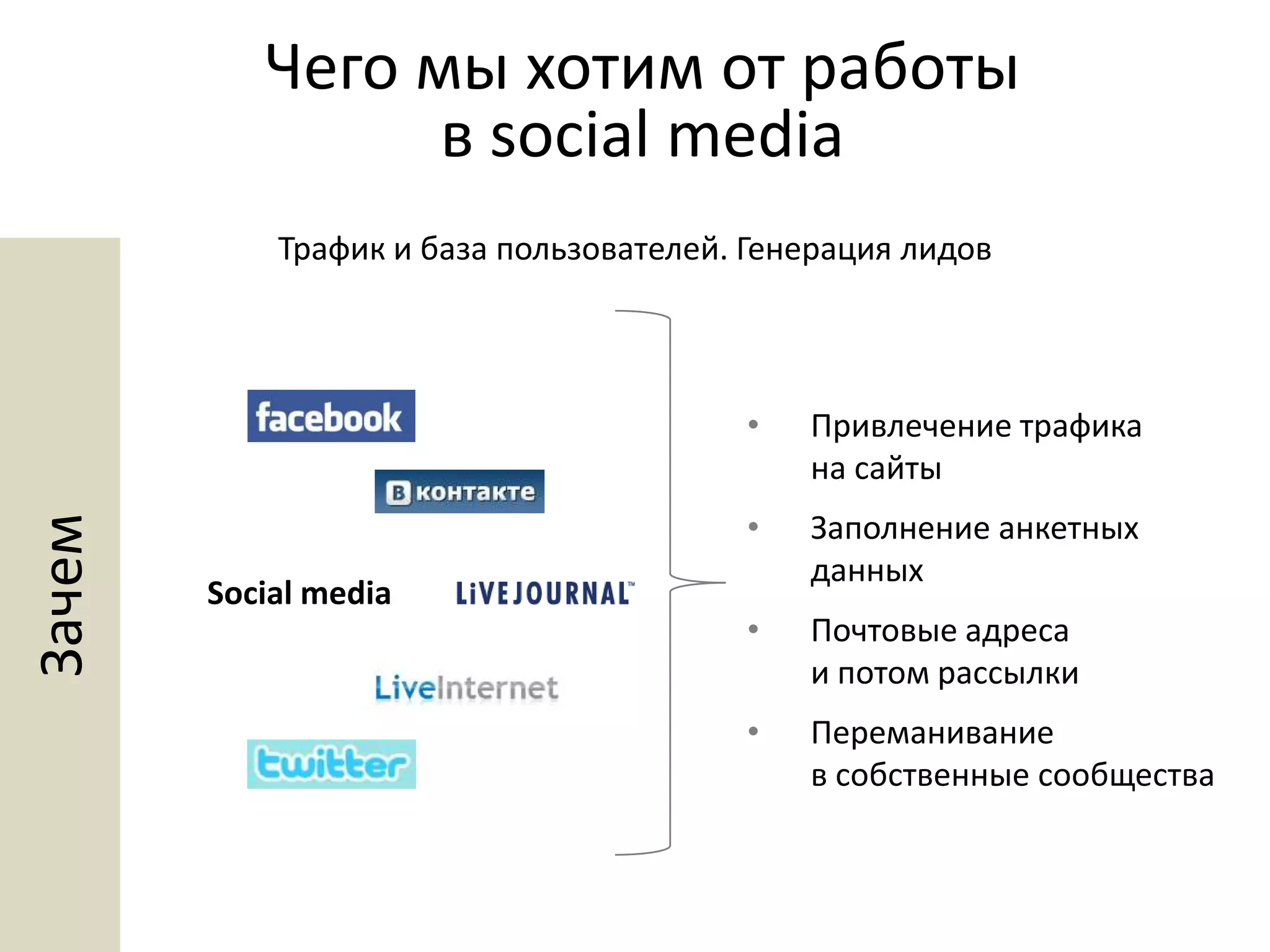 Чего мы хотим от работы в social mediaТрафик и база пользователей.Генерация лидовSocial mediaПривлечение трафика на сайты