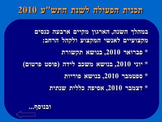 תכנית הפעולה לשנת התש " ע  2010 במהלך השנה ,  הארגון מקיים ארבעה כנסים מקצועיים לאנשי המקצוע ולקהל הרחב : *  פברואר  2010,  בנושא תקשורת *  יוני  2010,  בנושא משכב לידה  ( פוסט פרטום ) *  ספטמבר  2010,  בנושא פוריות *  דצמבר  2010,  אסיפה כללית שנתית ובנוסף ... 